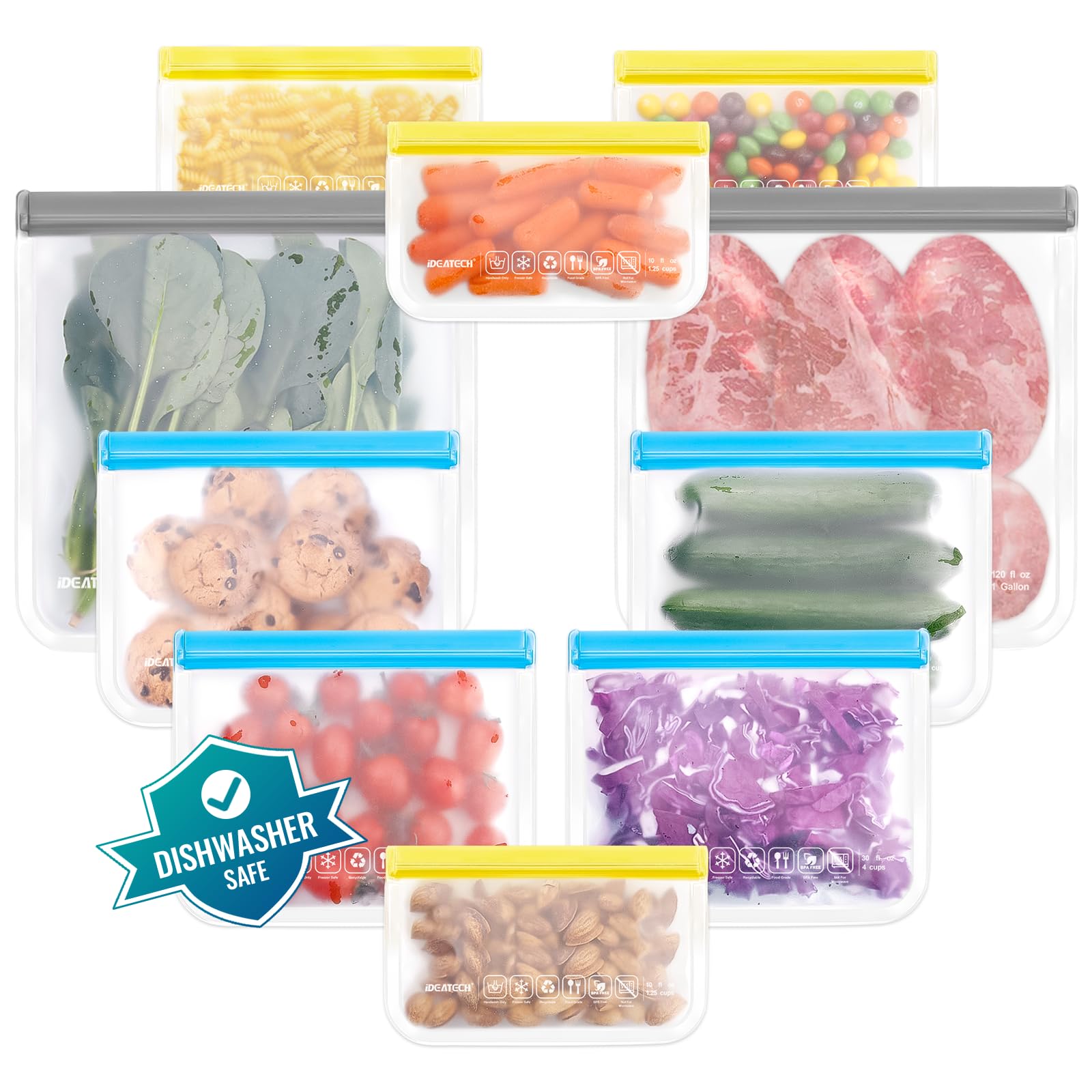 10Pack Dishwasher Safe Reusable Storage Bags, BPA Free PEVA Food Bags, Leakproof Silicone Freezer Bags, Reusable Gallon bags(10Pack-2 Gallon + 4 Sandwich + 4 Snack)