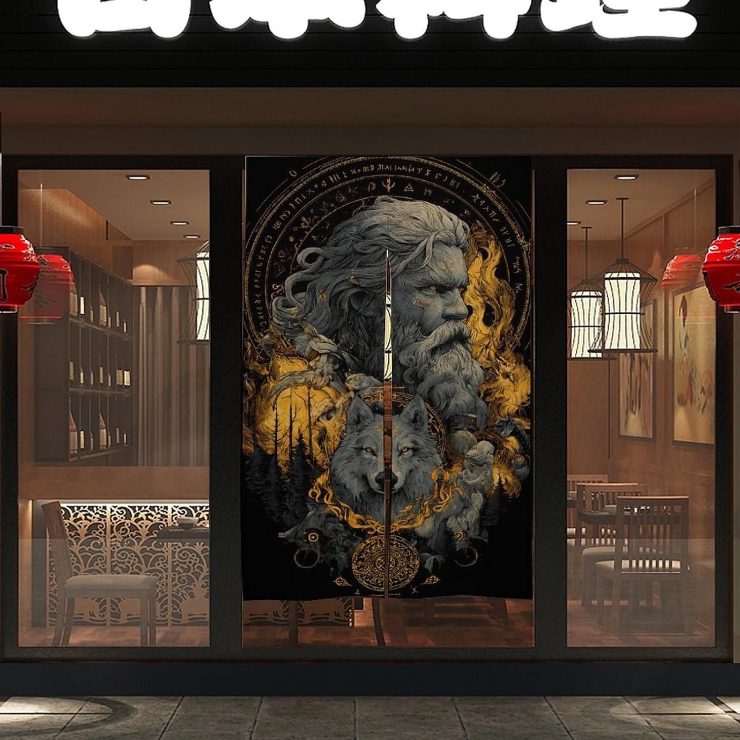 Odin Wolf Myth Doorway Curtain Insulated Room Divider Drapes | white linen,privacy curtains