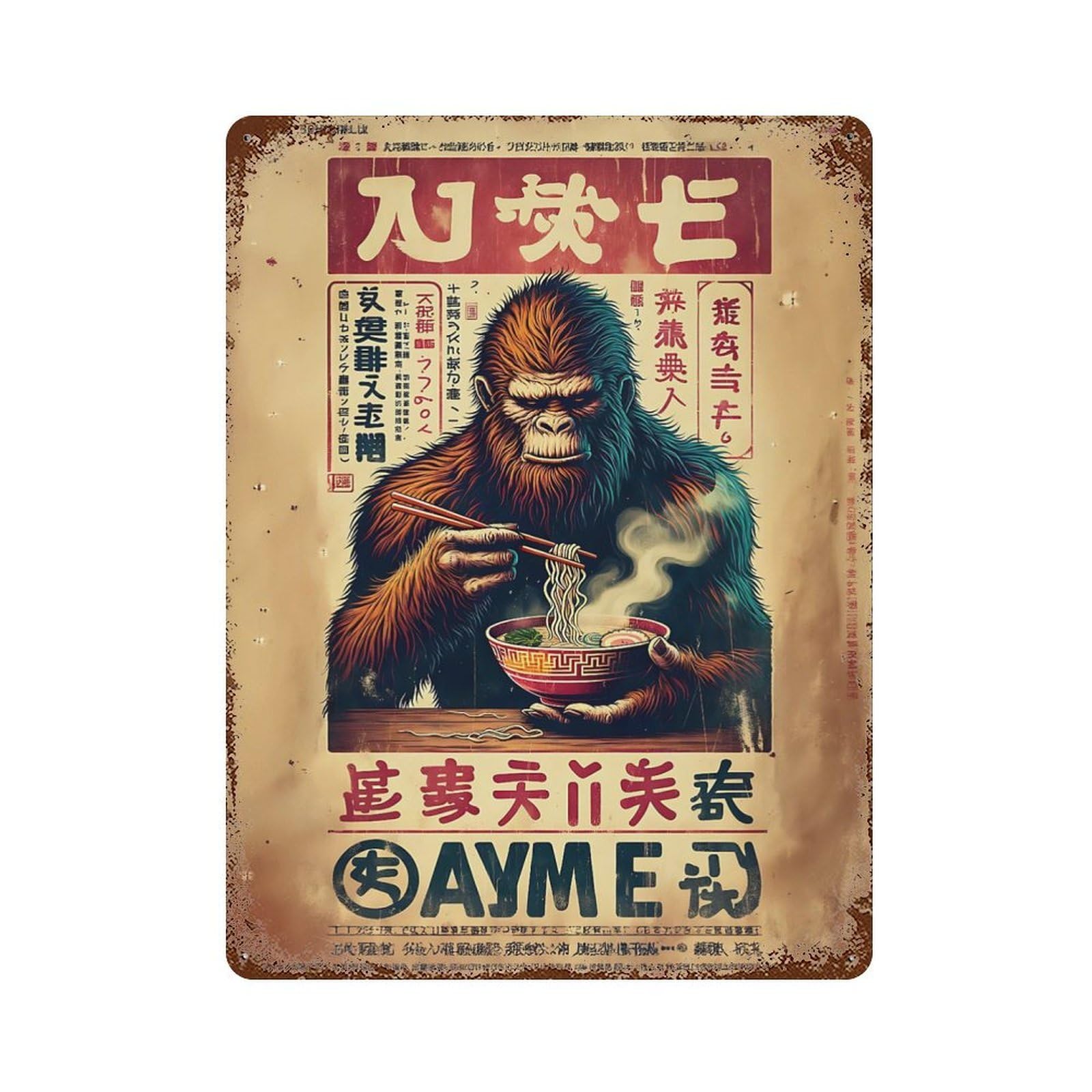 Rust Effect Gorilla Eating Ramen Vintage Poster Rusty Metal Tin Sign 15.7"x11.8", Farmhouse Wall Decor for Shed, Workshop And Garage Wall Decor