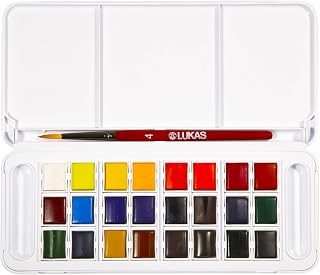 Lukas Studio Watercolor Set of 24 Half-Pan Colors, Travel Watercolor Set Includes Color Mixing Palette and Brush