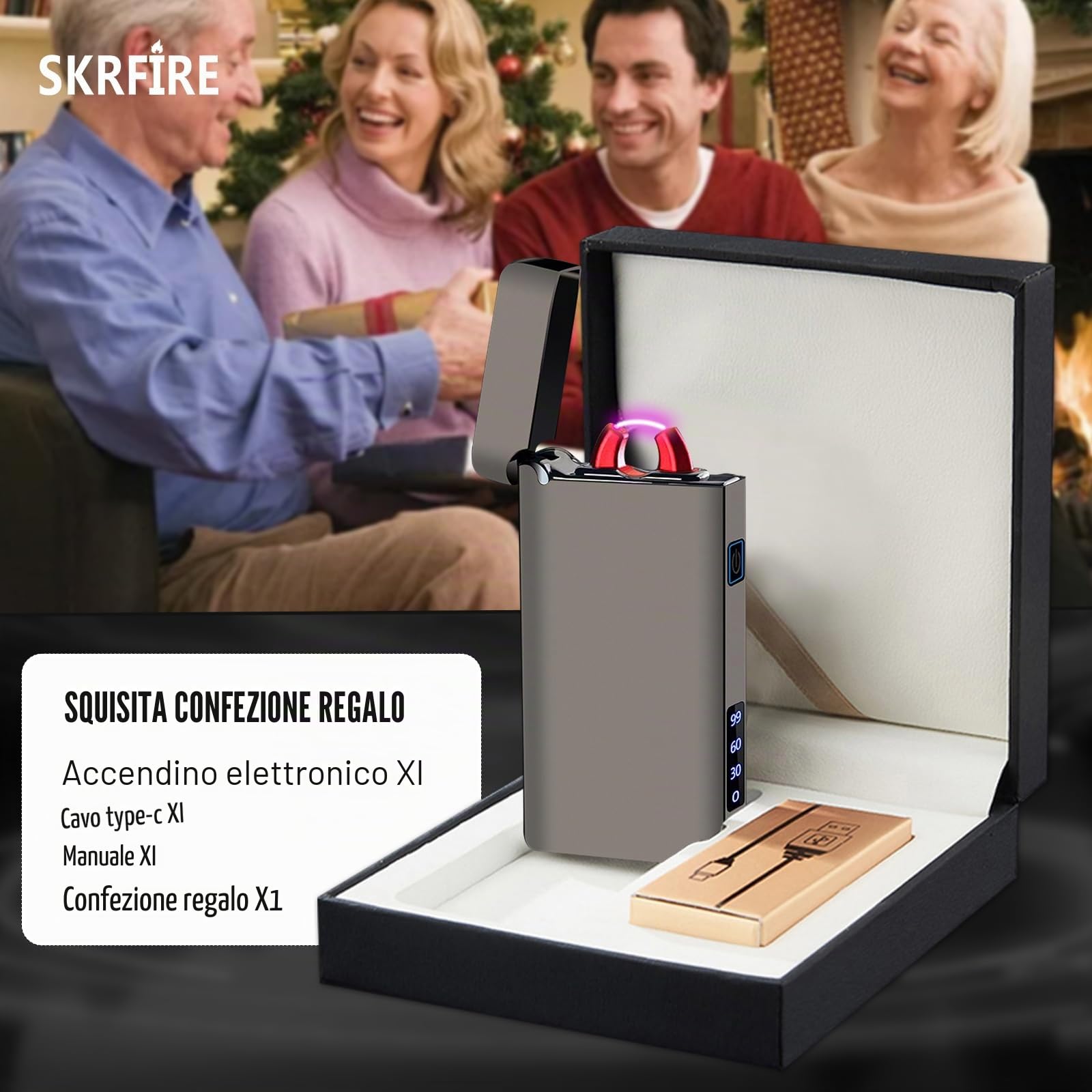 SKRFIRE Accendino elettrico antivento ricaricabile – Plasma Arc Design, ricarica USB, indicatore digitale della batteria, indispensabile per sopravvivenza, escursionismo e barbecue (nero lucido)