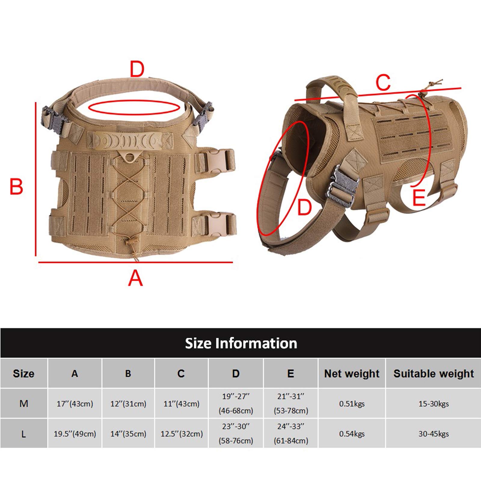 Arnés Perros Chaleco Táctico, Entrenamiento De Trabajo Molle Chaleco,MOLLE Compacta Arnés Nailon Bolsas Chaleco Abrigo para Mascota Senderismo, Caminar con Asa Y 2 Bolsos Desmontables,Marrón,L