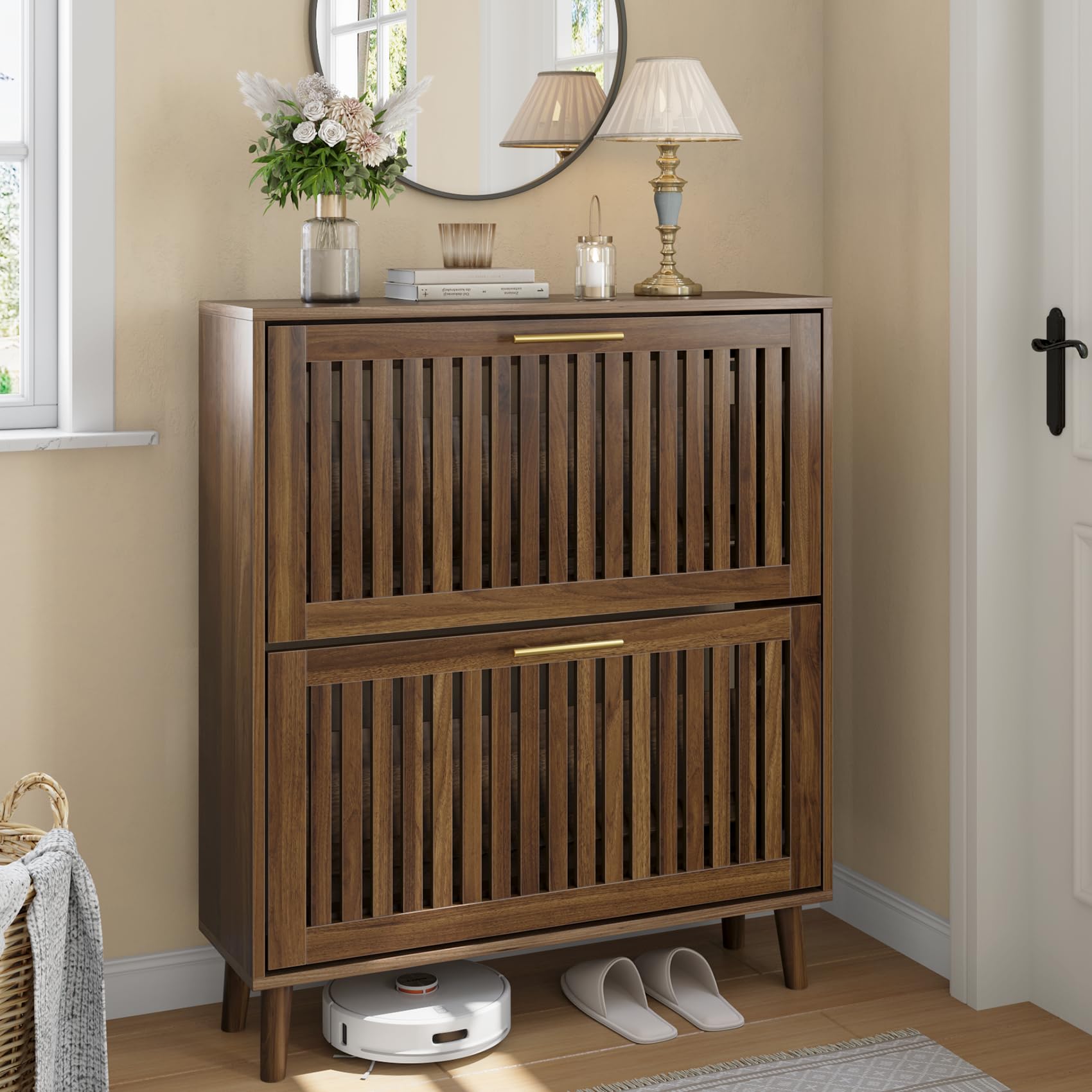 Smart FENDEE Shoe Storage Cabinet with 2 Flip Slatted Drawers, Narrow Wood Shoe Cabinet with Gold Handle, Hidden Entryway Shoe Organizer for Hallway, Foyer, Walnut