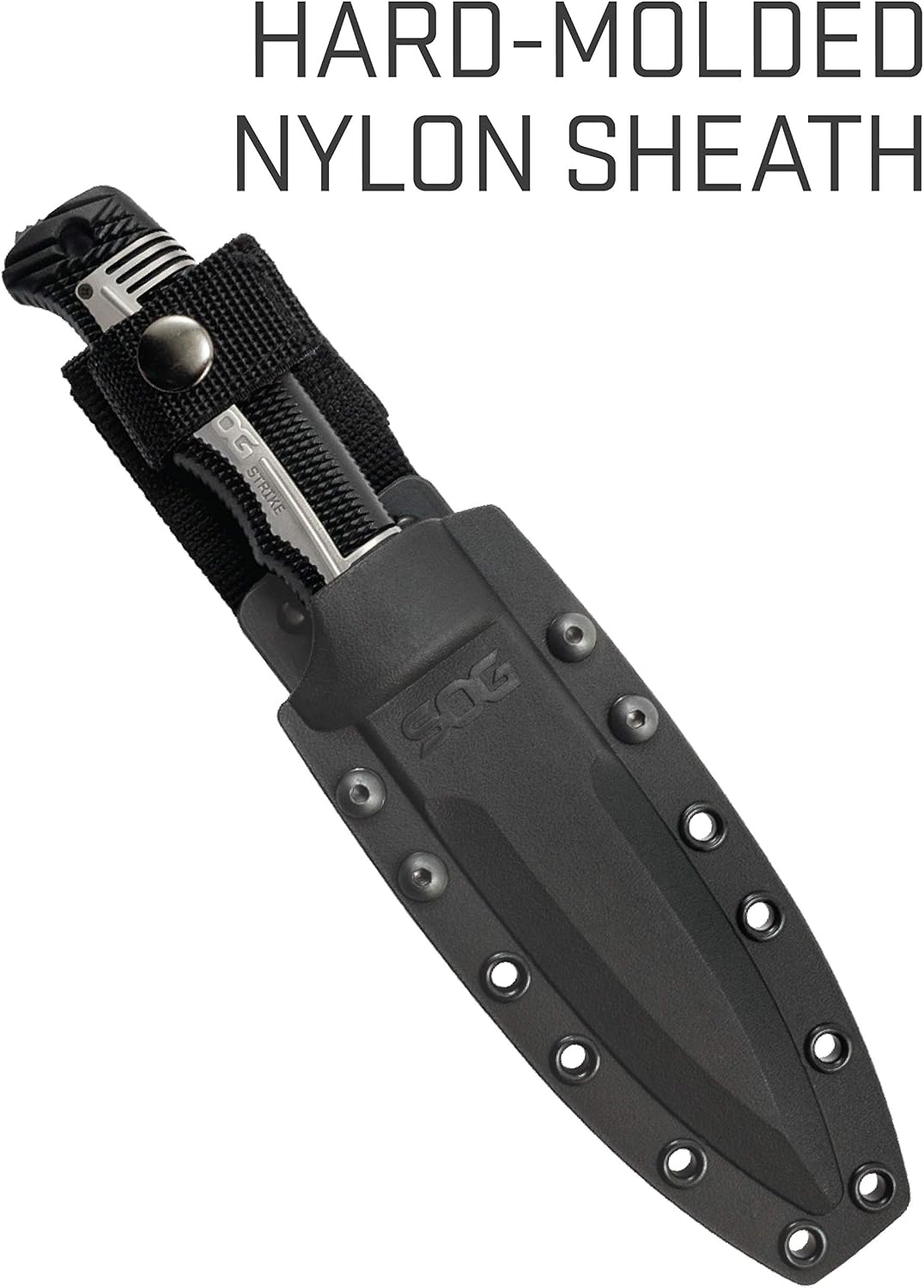 SOG Seal Strike Fixed Blade Knife with Sheath- Tactical and Hunting Knife w/ 4.9 Inch Partially Serrated Bowie Knife Blade and Line Cutter (SS1001-CP)