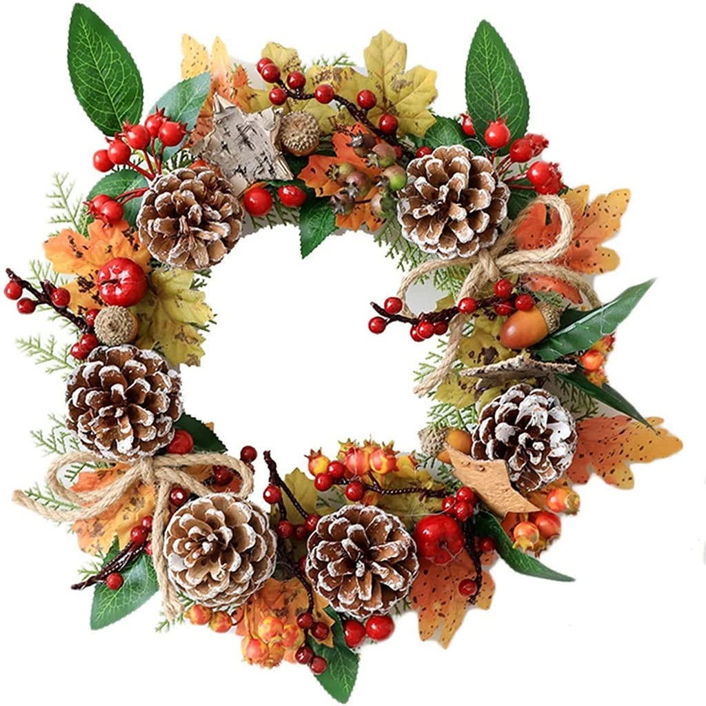 Couronne de Noël artificielle de 30 cm avec pommes de pin pour déco de porte d'entrée d'automne