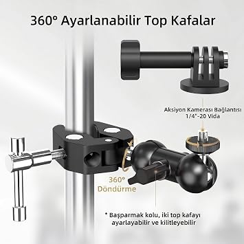Coverzone Aksiyon Kamera Süper Kelepçe Montaj Seti Ballhead Magic Arm ile | 1/4 ve 3/8 Vida Girişli Evrensel Kamera Montajı DSLR, LED Işık, Telefon Tutacaklı, MG03