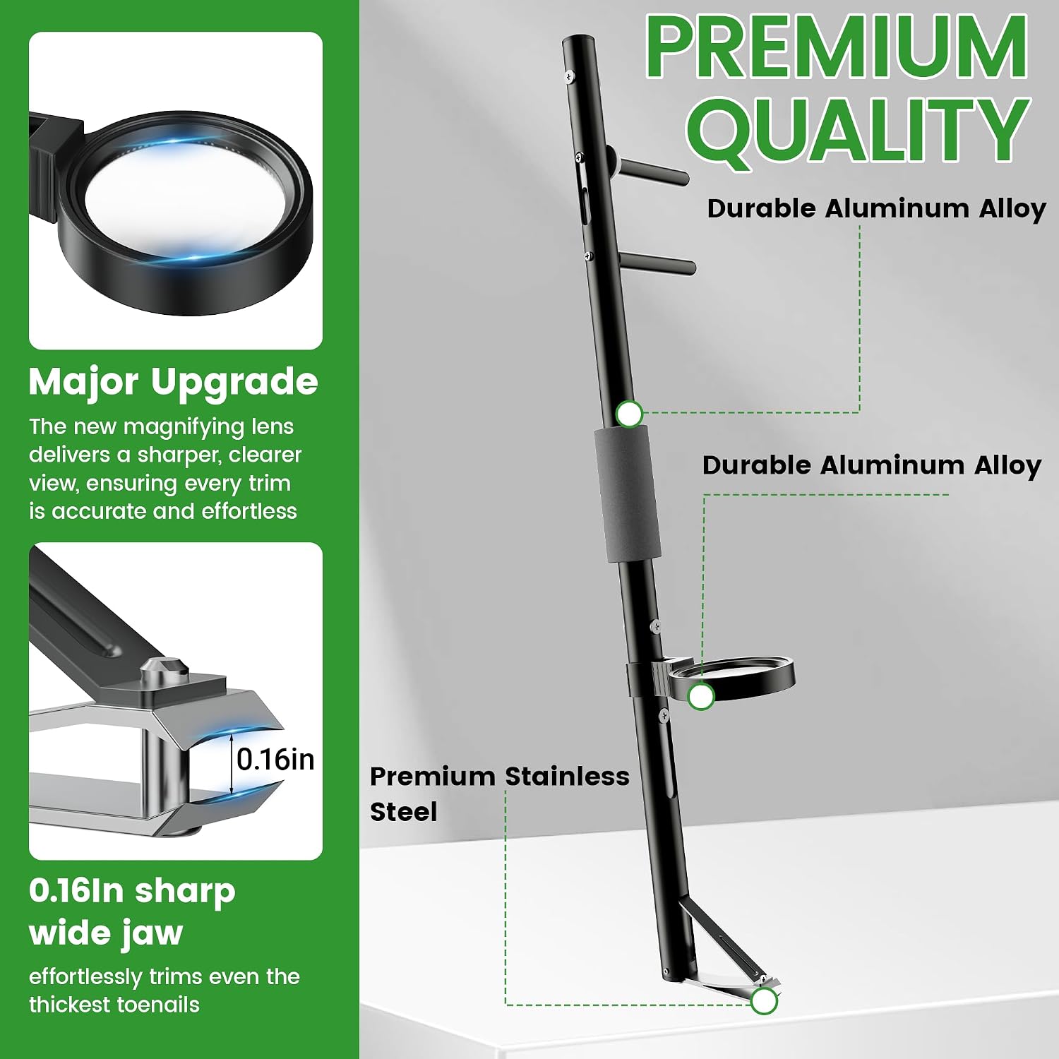 Long Handled Toenail Clippers 20" with Magnifier, Wide Opening Thick Nail Cutter, Easy Grip for Seniors & Limited Mobility (Black)