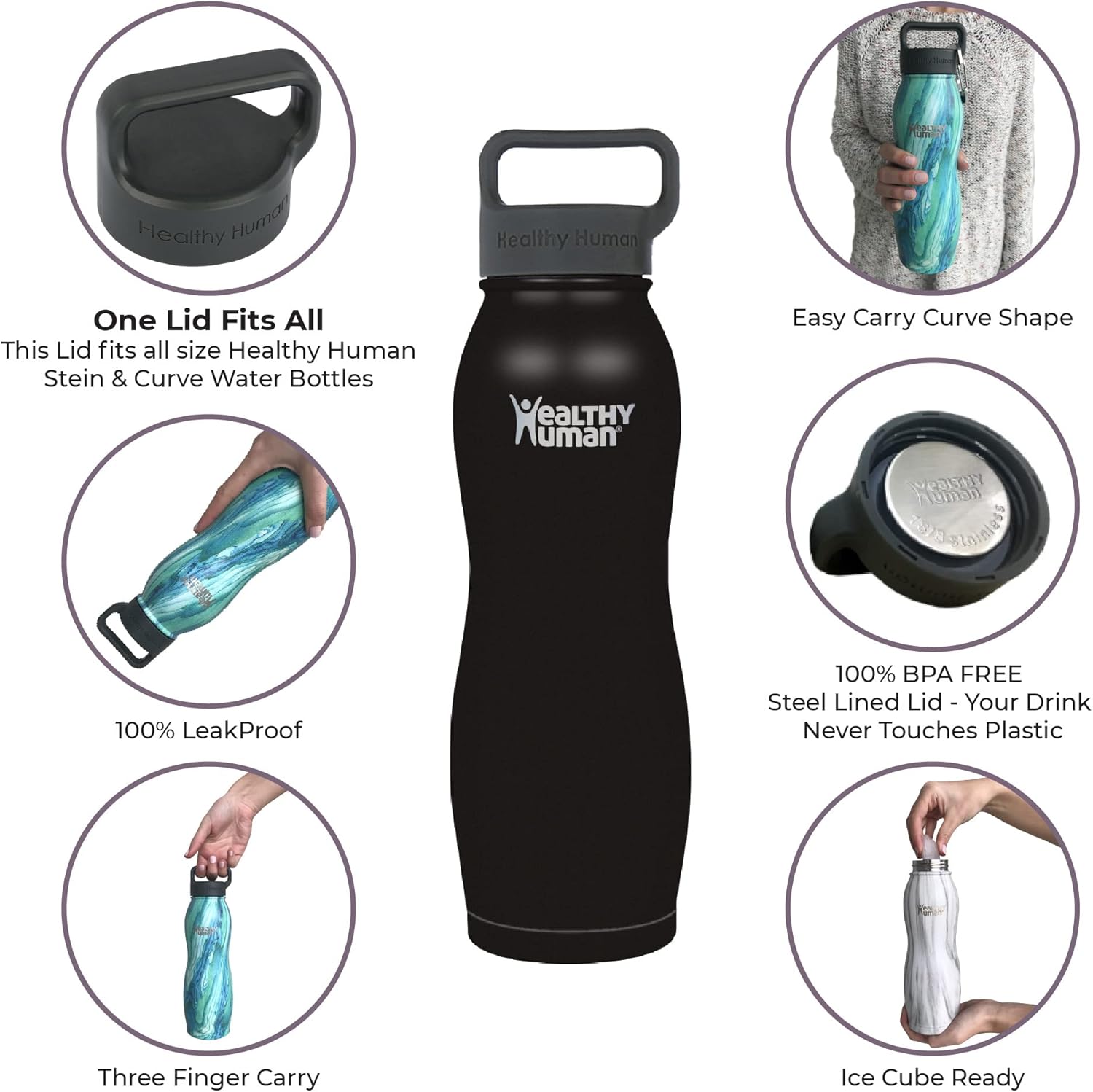 Healthy Human Stainless Steel Curve Water Bottle | 100% BPA Free Thermos for Kids & Adults | Vacuum Insulated Water Bottles | Metal Bottles with Leak Proof Lid (21 oz/ 621 ML, Pure Black) - Image 6