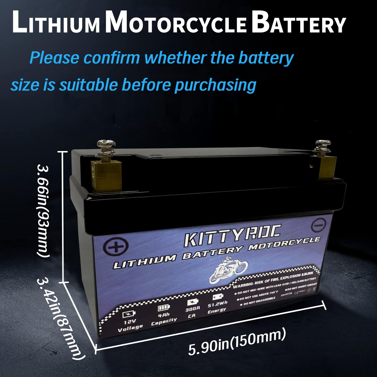 12V 4Ah 300A Batterie de moto au lithium,batterie de démarrage du moteur LiFePO4 avec BMS,batterie de remplacement pour VTT,UTV,tondeuse à gazon, jet ski, motoneige, 4WD,scooter et générateur