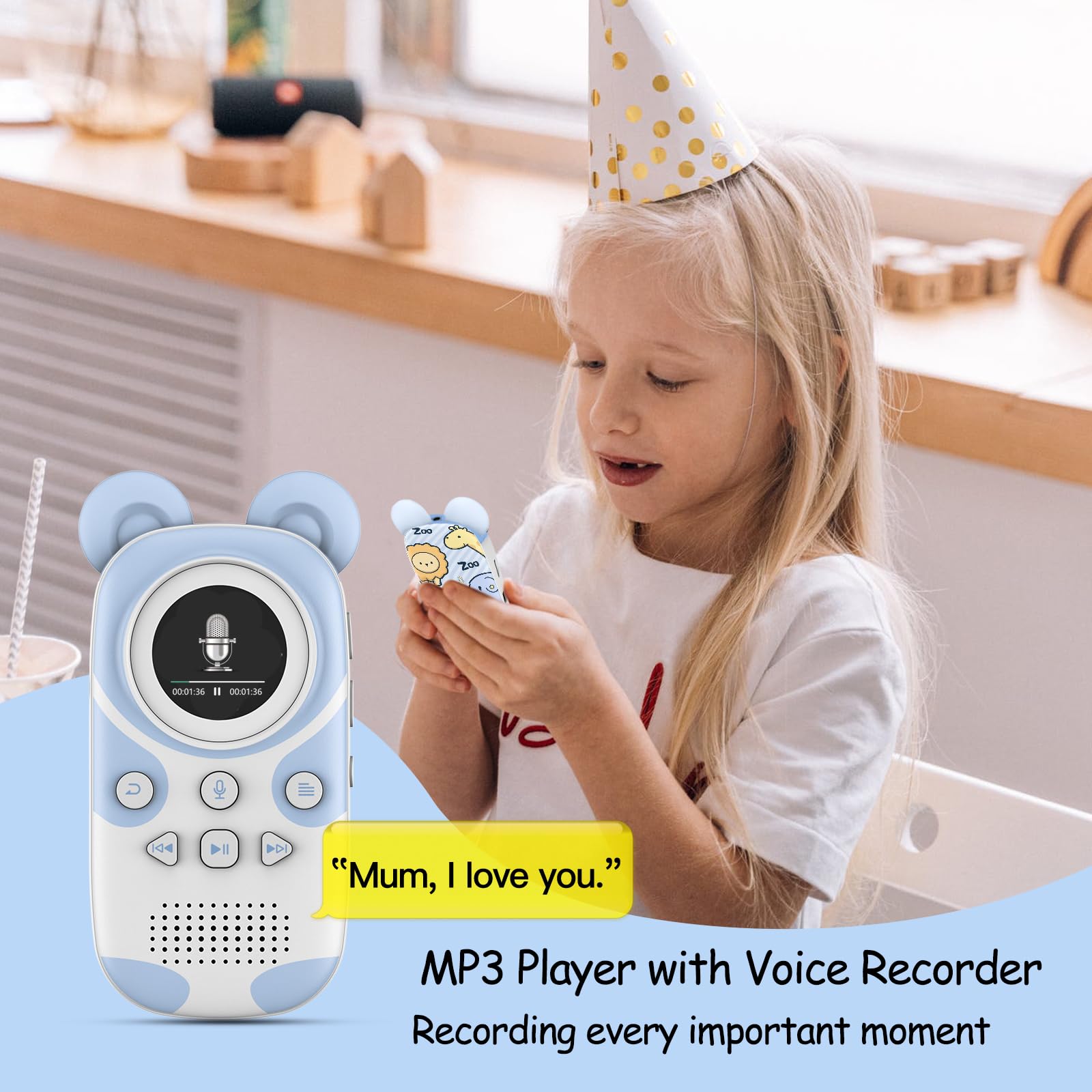 64GB MP3 Player Kids Bluetooth 5.3 con Altavoz para Auriculares Soporta Radio FM, Despertador, grabación con un botón, función cronómetro