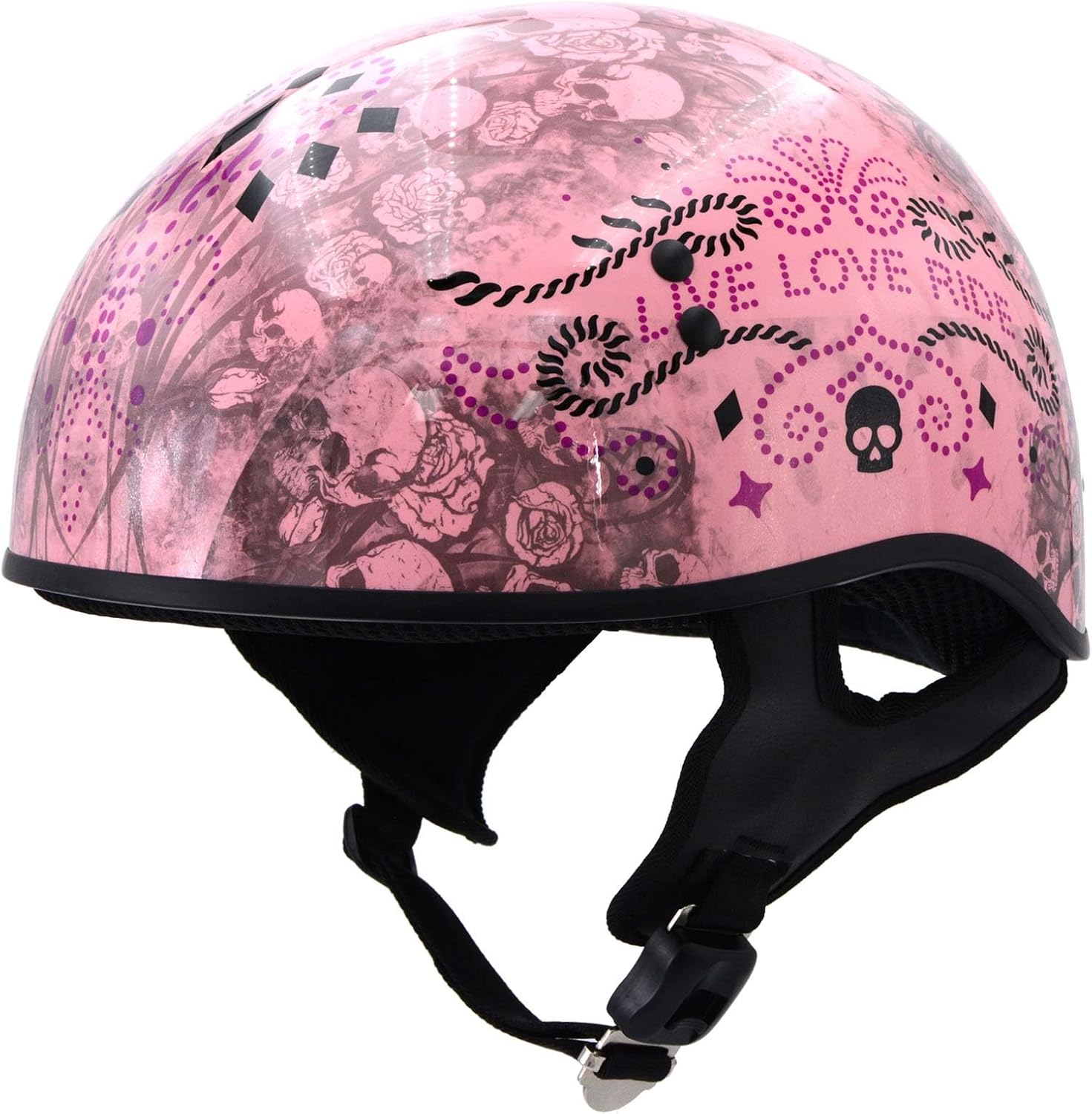 Hot Leathers HLD1048 ‘Live, Love Ride’ Gloss Pink Motorcycle DOT Approved Skull Cap Half Biker Helmet