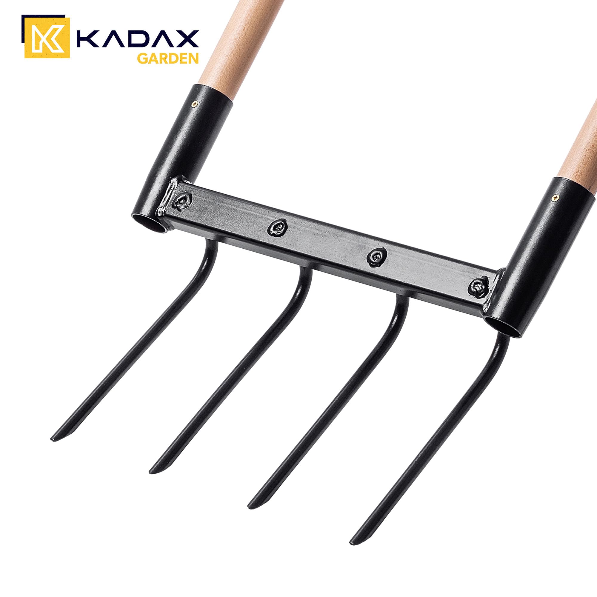 KADAX Fourche de jardin avec 4 dents et longues poignées en bois, fourche à creuser pour ameublir le sol et le jardinage, fourche large pour aérer les sols (49,5 x 134 cm)