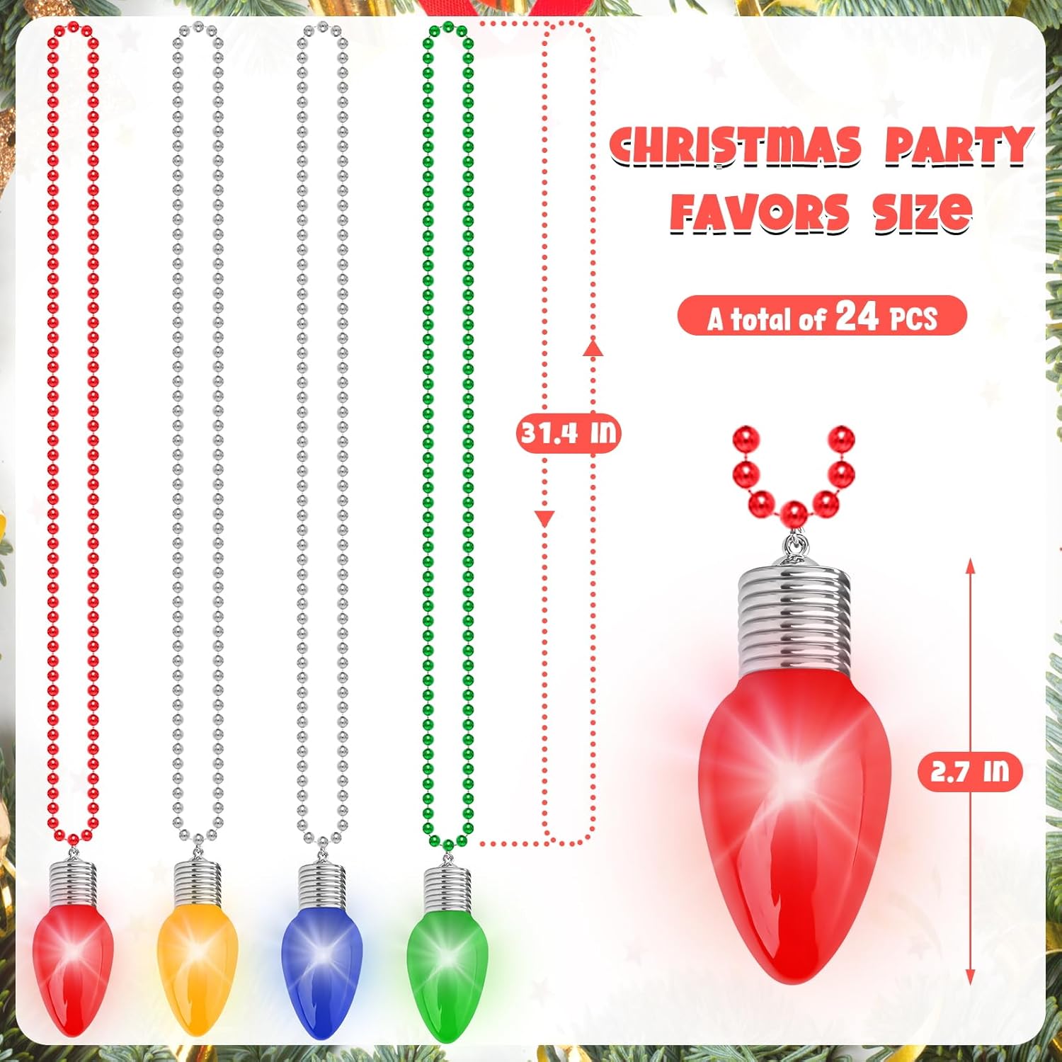 24PCS Light up Christmas Necklace, 3 Light Modes Bulbs Bead Chain Design, Colorful Xmas Glow Necklaces Bulk for Adults, Christmas Party Favors for Ugly Sweater Festive Holiday
