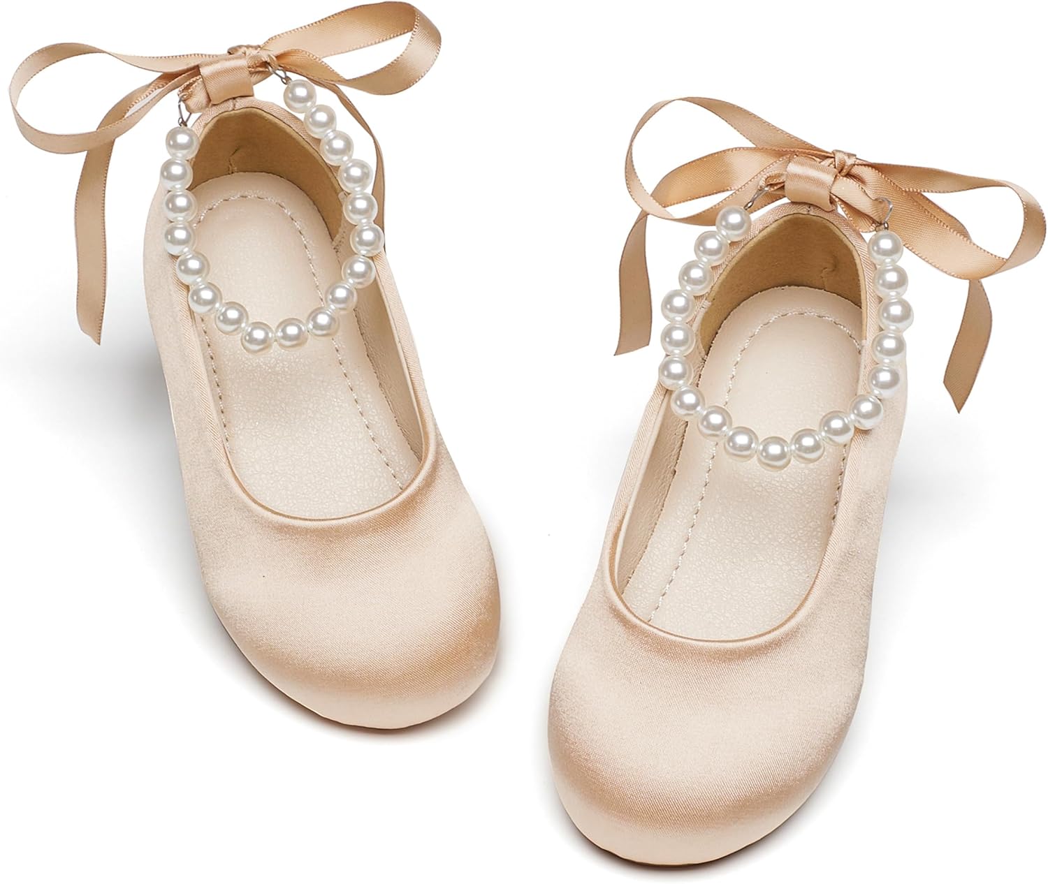 PHIRAMIN Toddler Flower Girl Dress Shoes - Little Girl Ballet Flats Pearl Strap for Wedding Party