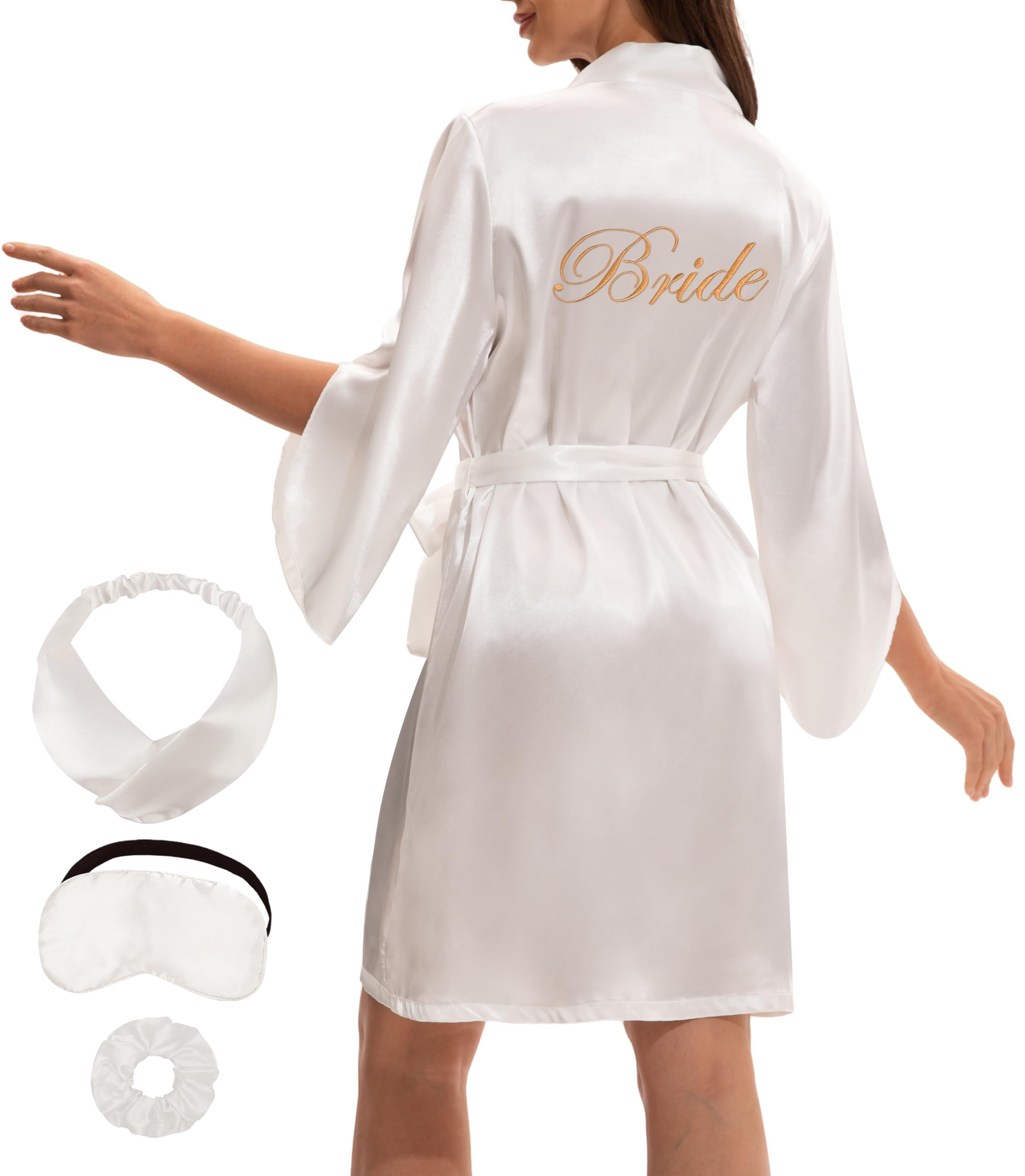 EPLAZA Bride Robe for Wedding Day Bridal Robe Satin Split-Sleeve Silky Robe with Embroidered Getting Ready Bachelorette Party