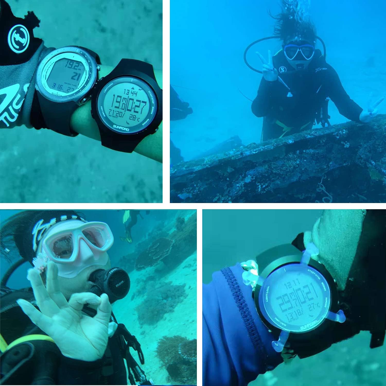 Collage of four images showing divers using the SUNROAD Scuba Diving Computer underwater, displaying various data and the watch's visibility.