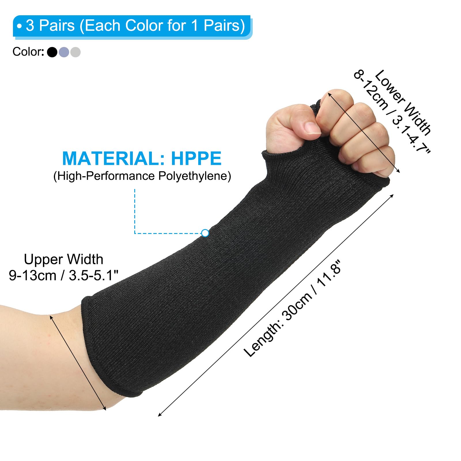 PATIKIL 12 Inch Cut Resistant Sleeve, 3 Pairs Arm Safety Protectors Sleeves with Thumb Hole Level 5 Protection Forearm Guard Sleeves for Thin Skin and Bruising, S, Black/Gray/Blue - Image 2