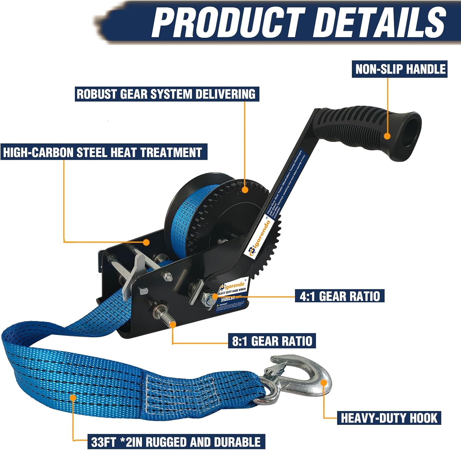 Heavy Duty Boat Trailer Winch 3500LBS, 2-Way Ratchet with 4:1/8:1 Gear,Boat Trailer Winch with 33FT Strap, Portable Hand Crank Winch for Boat, Trailer,Truck, ATV, RV, Jet Ski