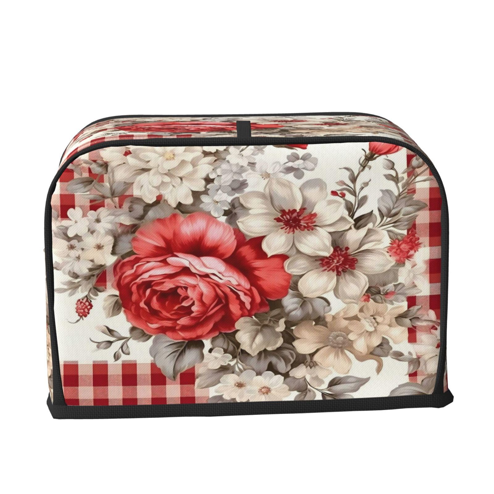Cubierta para tostadora a cuadros de flores rojas, ranura ancha de 2 rebanadas, a prueba de polvo, impermeable, con lazo para colgar, protector de tostadora de panadería 2