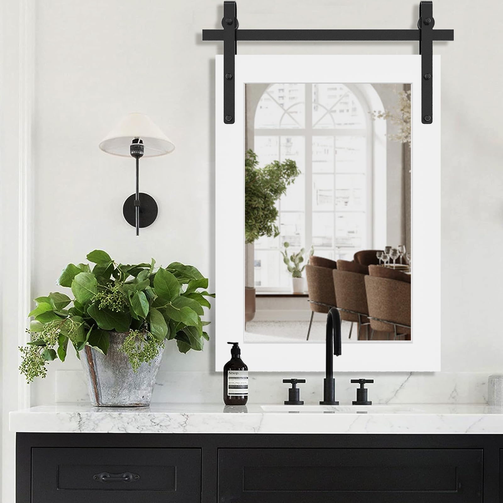 LOVMOR Farmhouse Mirror Wall Mounted Rustic - 22 30 Inspirational Barn Door Mirror with White Wooden Frame Rectangular