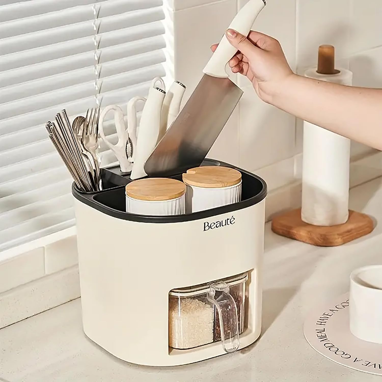 House of Quirk Multifunctional Kitchen Utensil Holder for Countertop Seasoning Box Spice Jar Large Capacity Rotating Knife Holder Crock Silverware Flatware Organizer (Beige) (B0DF28JXW3) Amazon Price History, Amazon Price Tracker