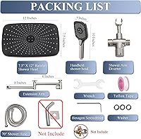 Vista 7 de Cabezal de ducha de lluvia con combo de rociador de mano, cabezales de ducha de lluvia de 12 pulgadas con brazo de extensión ajustable, cabezal