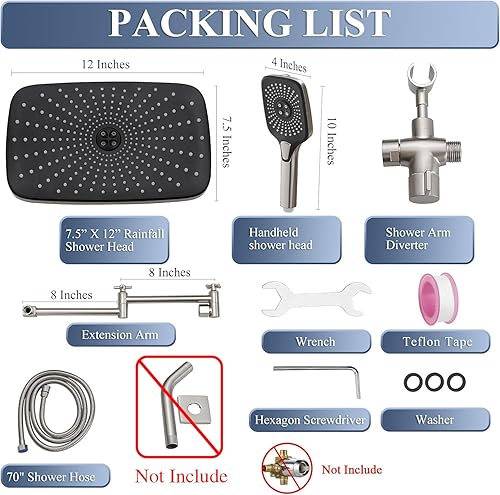 Miniatura 7 de Cabezal de ducha de lluvia con combo de rociador de mano, cabezales de ducha de lluvia de 12 pulgadas con brazo de extensión ajustable, cabezal de