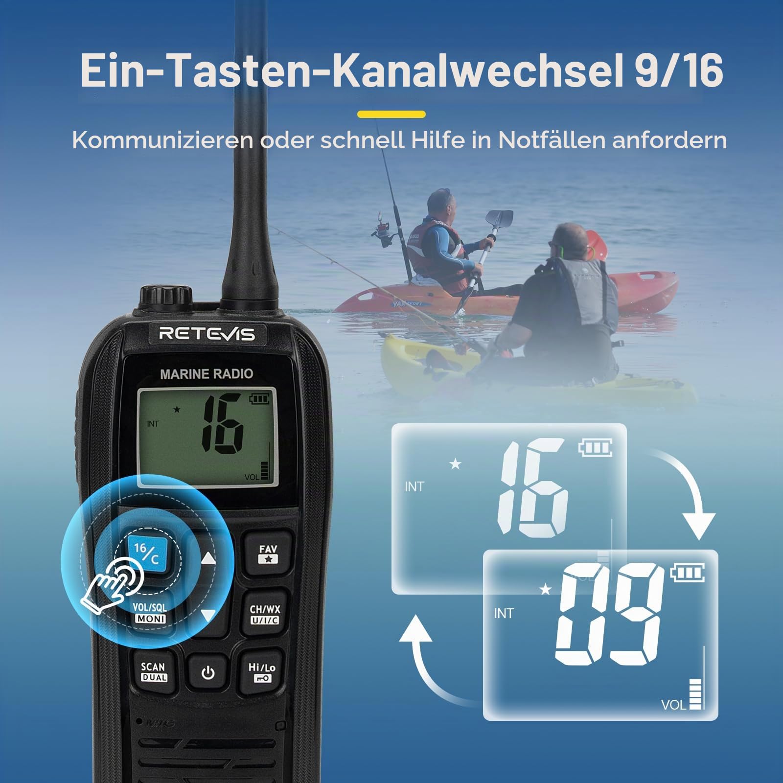 Retevis RM22 Marine Radio, Seefunkgerät mit Großer Reichweite für Angeln | IP67 Wasserdichtes Handfunkgerät, 2200 mAh, 900 mW Audio, Schwimmend Alarmierend für Kajakfahren(1 Stück)
