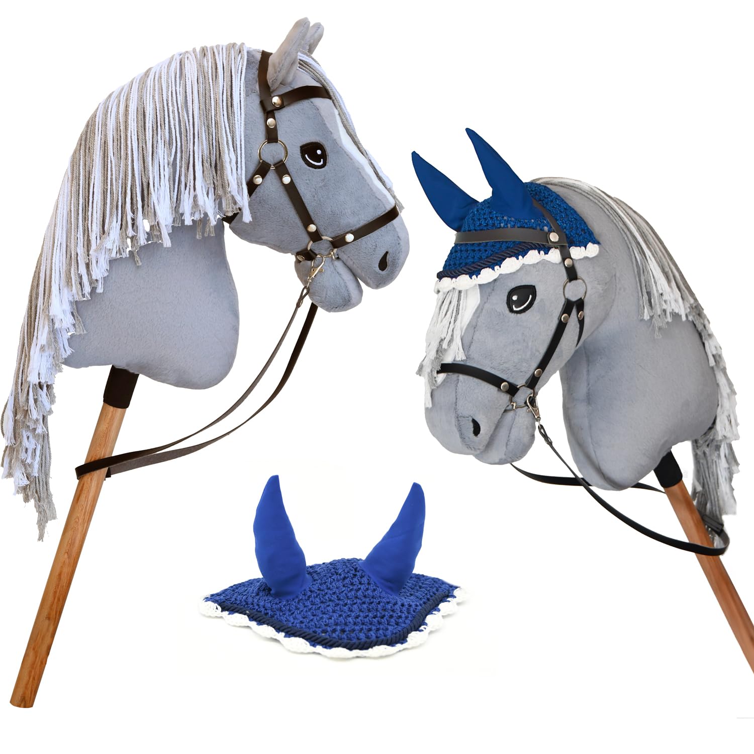 Hobby Horse Grigio A3, cavallo bastone completo di rete, morso, redini e cuffia anti-insetti blu. Testa di cavallo bastone per Hobby Horsing bambini e adolescenti