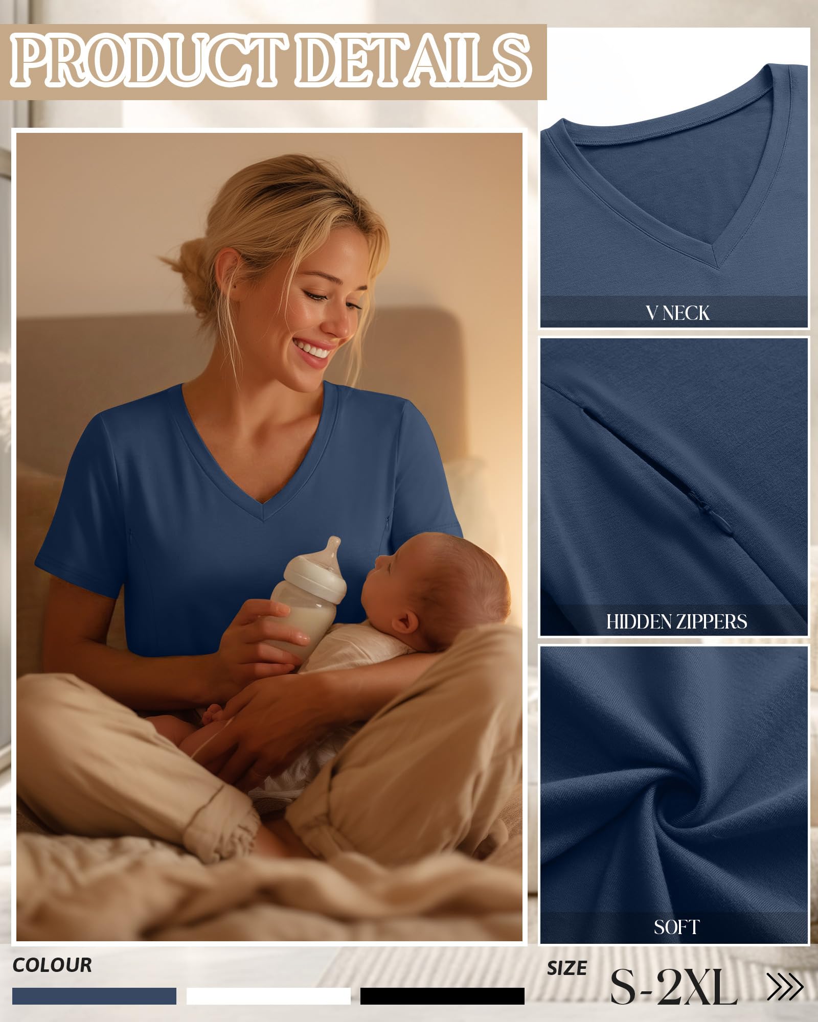 Xuniea Lot de 3 Hauts D’Allaitement pour Femmes, T-Shirts D’Allaitement à Fermeture Éclair Cachée pour Allaiter et Tirer Le Lait, Col V Manches Courtes