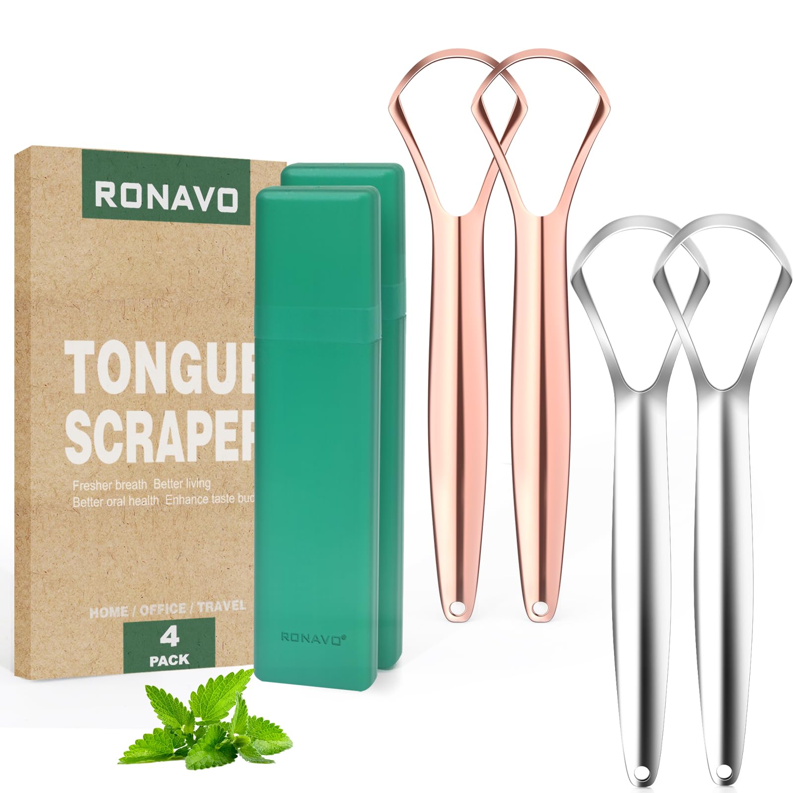 RONAVO Tongue Scraper for Adults 4 PC Metal Tongue Scraper Rustproof Travel Cases Included Reduce Bad Breath Tounge