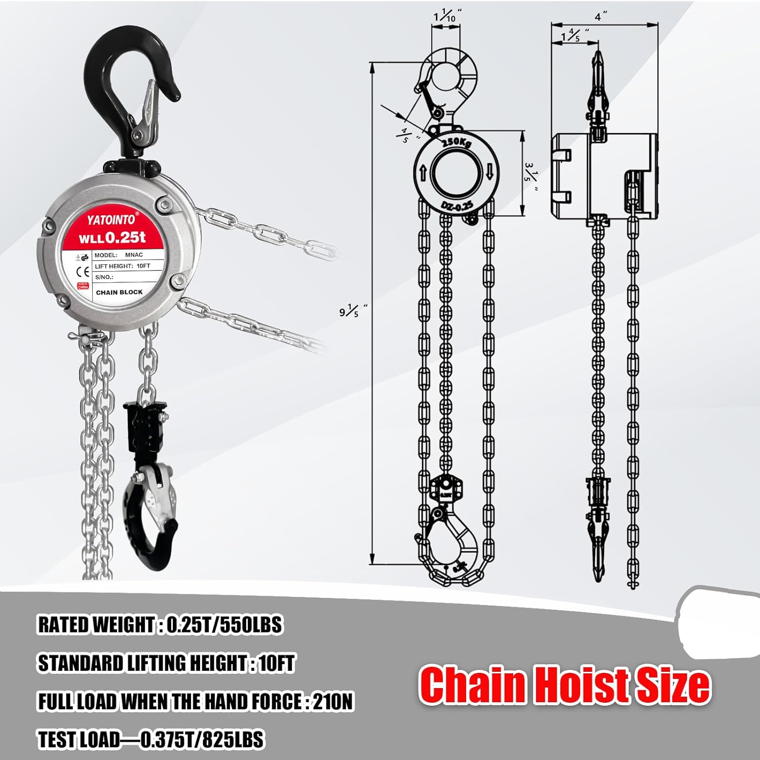 Aluminum Hand Chain Hoist-1/4 Ton(550Lbs) Capacity Manual Chain Fall Hoist |Chain Block 10FT Lifting Height with 2 Heavy Duty Hooks|Industrial Steel Structure for Mechanical（360° Rotatable）