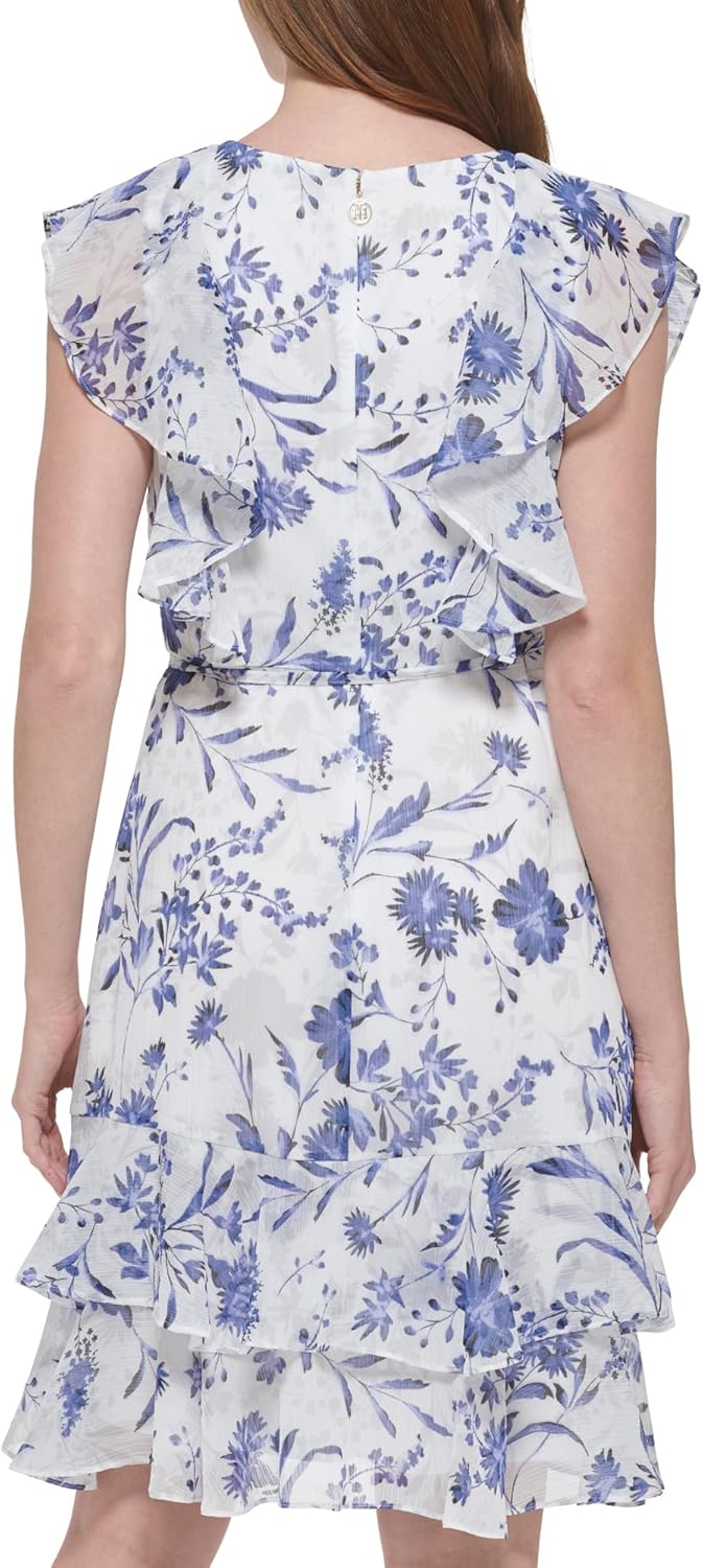 Tommy Hilfiger Womens Ruffle Trim Tie Waist Chiffon Mini Dress - Image 3