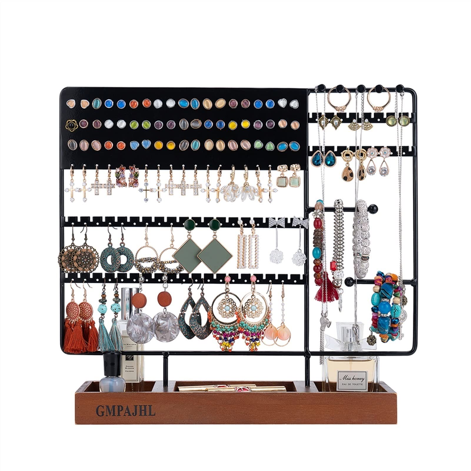Tyuhduyur Black Jewelry Racks Multifunctional Jewelry Display Stand Earring Holder, Earring Jewelry Organizer Stand With Wooden Storage Tray For Earring, Necklace, Ear Stud Jewelry Rack(White) (Black)