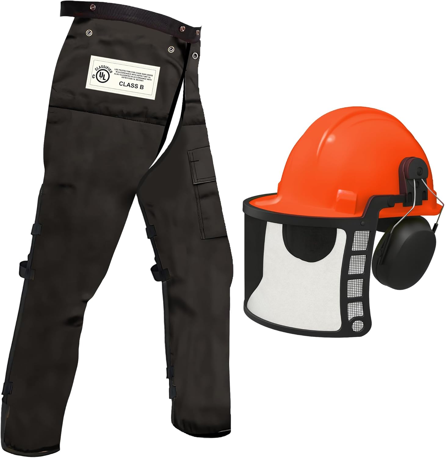 FORESTER Chainsaw Safety Kit | Apron-Style Chainsaw Chaps & Forestry Helmet with Face Shield & Ear Protection | Logging & Arborist Gear | Black and Orange