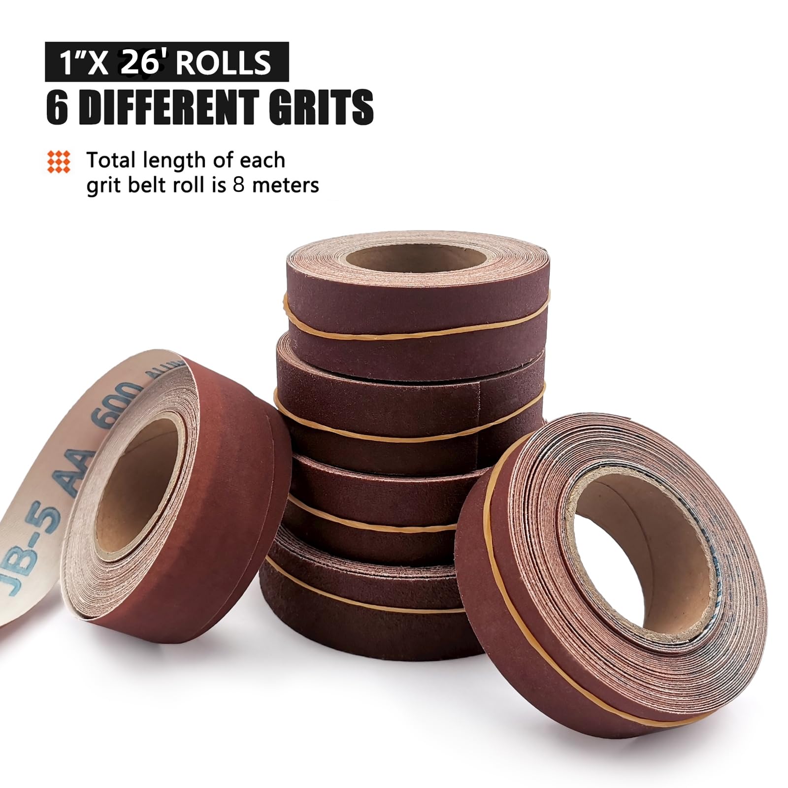 Lot de 6 rouleaux de papier abrasif de 2,5 cm x 8 m avec distributeur de papier émeri pour meubles en bois, finition du métal, ponçage automobile, polissage automobile, 80/150/240/320/400/600