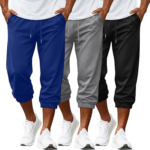Yearntown 3 Pack Mens Capri Pants 3/4 Joggers, 3-Color, Small