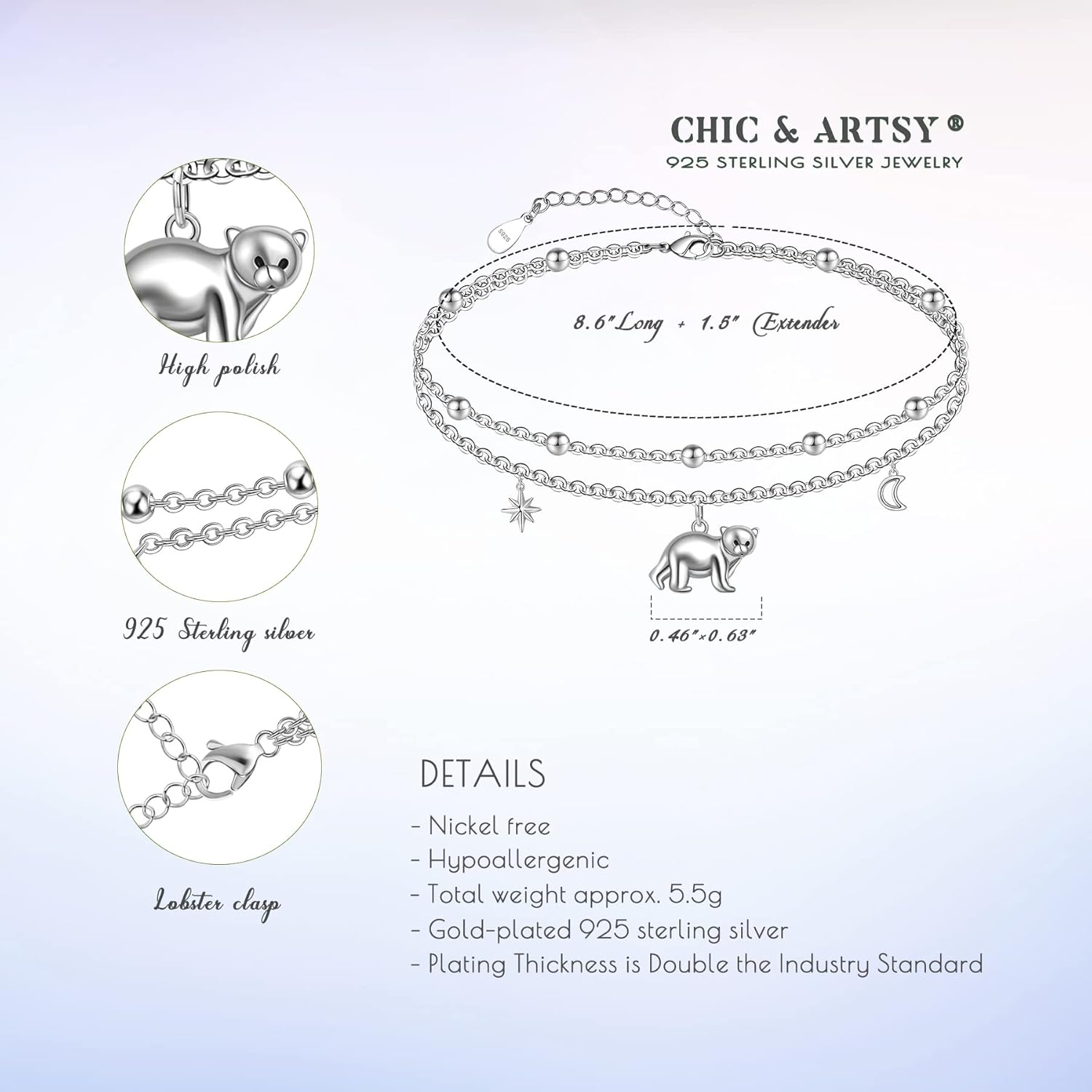 CHIC & ARTSY Women Anklets S925 Sterling Silver Cute Animal Layered Anklet Bracelet Adjustable Multilayer Beach Anklet Bracelet Summer Foot Jewelry Cable Chain 10-11 Inches - Image 5