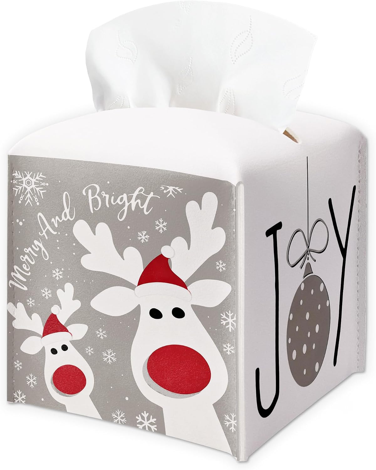 Merry & Bright Reindeer Design Christmas Tissue Box Cover - Festive Holiday PU Leather Waterproof Tissue Holder - Facial Paper Organizer for Home Bathroom Office-Desk Xmas Decorative Dispenser Box-A01