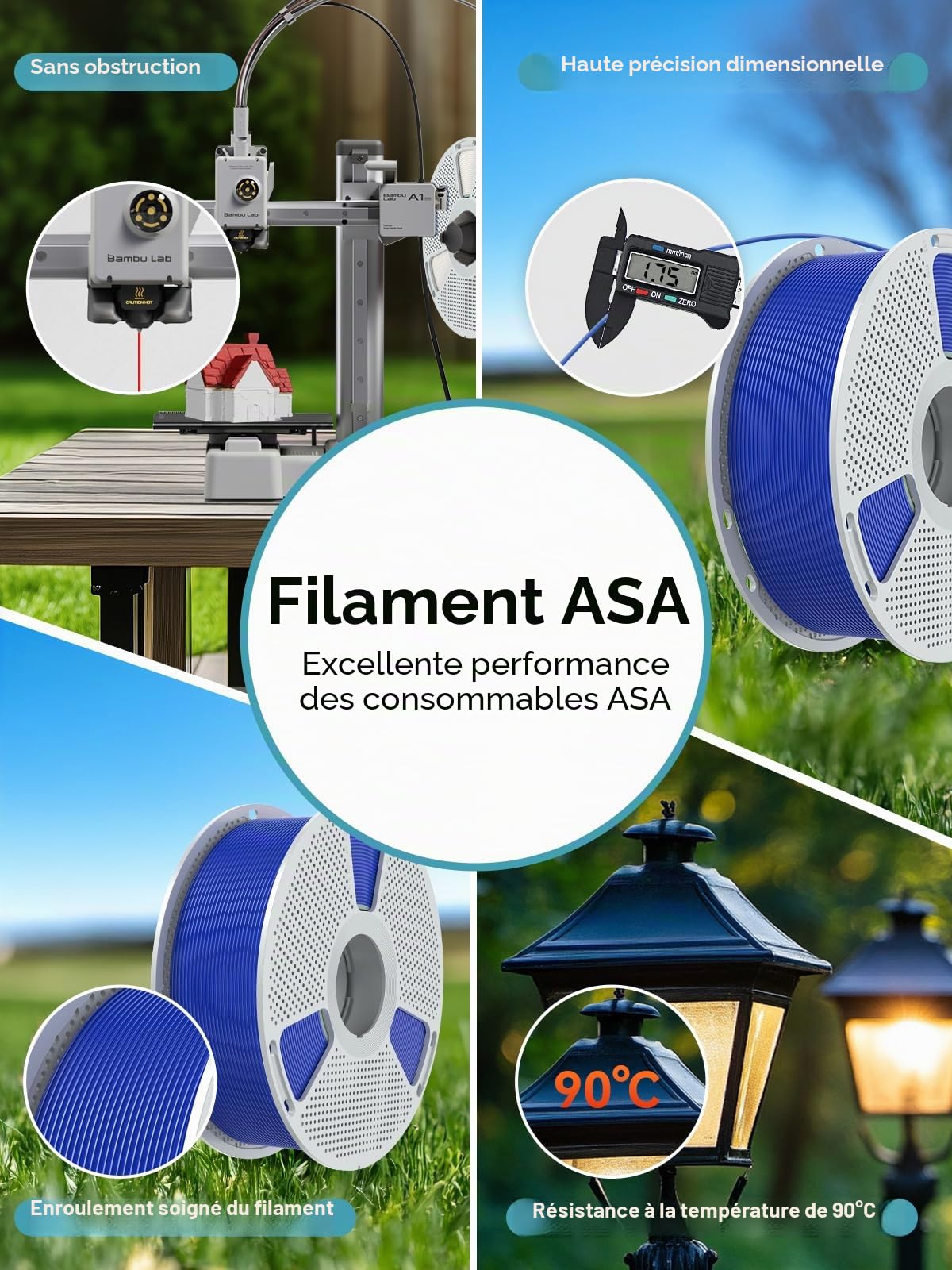 SUNLU ASA Filament pour imprimante 3D - Bobine soignée de 1,75 mm - Résistant aux rayons UV/pluie/chaleur - Idéal pour l'impression de pièces mécaniques fonctionnelles en plein air, 1KG(Gris)