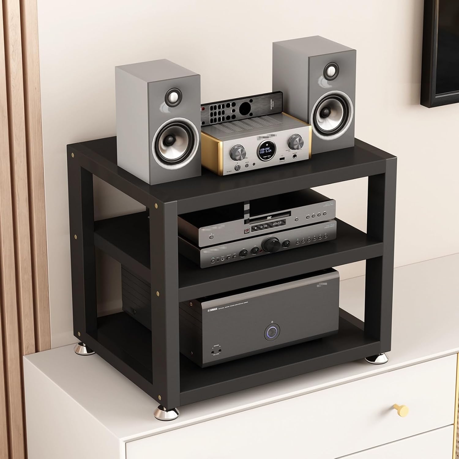 Modern Audio Rack, Black AV Media Stand, Media Storage Shelf with Open and Spacious Storage, Stereo Cabinet with Foot Pads, Sturdy Steel Frame(3 Tier 40x35x35.5CM)