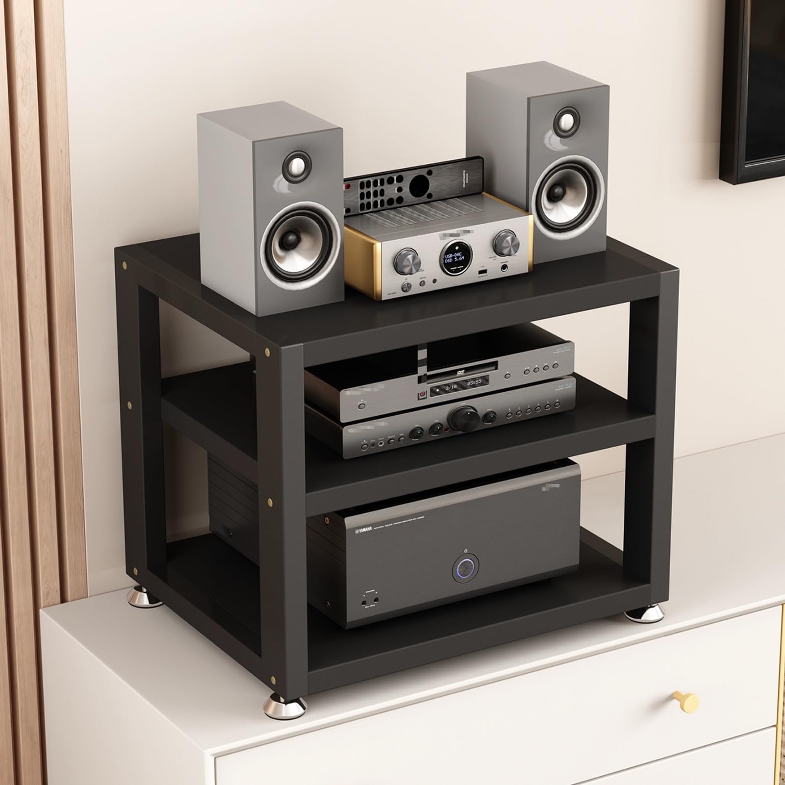Support audio moderne contre le désordre des câbles et étagère multimédia en acier noir