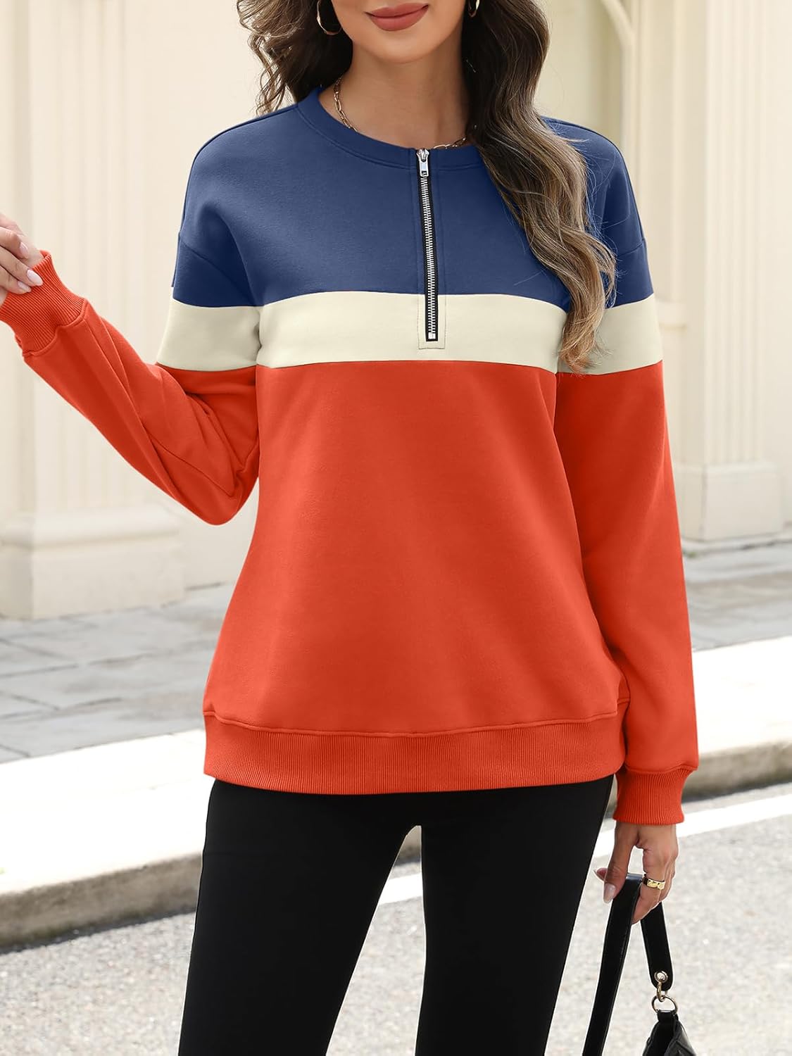 Womens Sweatshirts Half Zip Fleece Pullover Tops Color Block Quarter Zipper Hoodies Fall Winter Clothes - Image 4