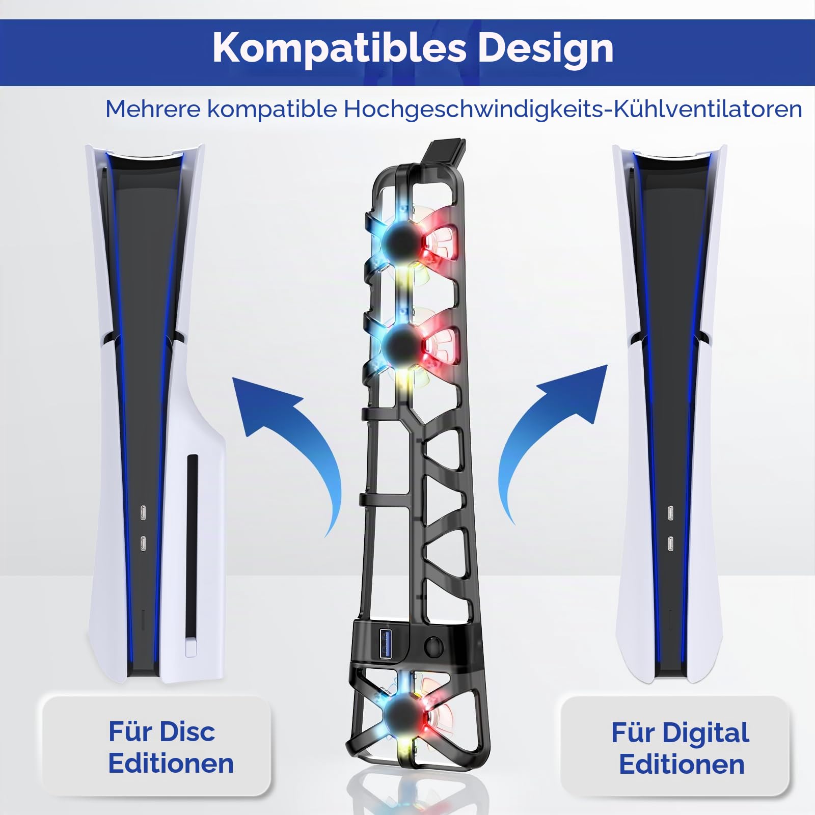 FASTSNAIL LED Lüfter für PS5 Slim Konsole, Leiser Kühler mit Speicherfunktion, Zubehör mit 3 Lüftern & USB 3.0 Port kompatibel mit Playstation5 Slim Digital & Discs Edition（Farbe LED）