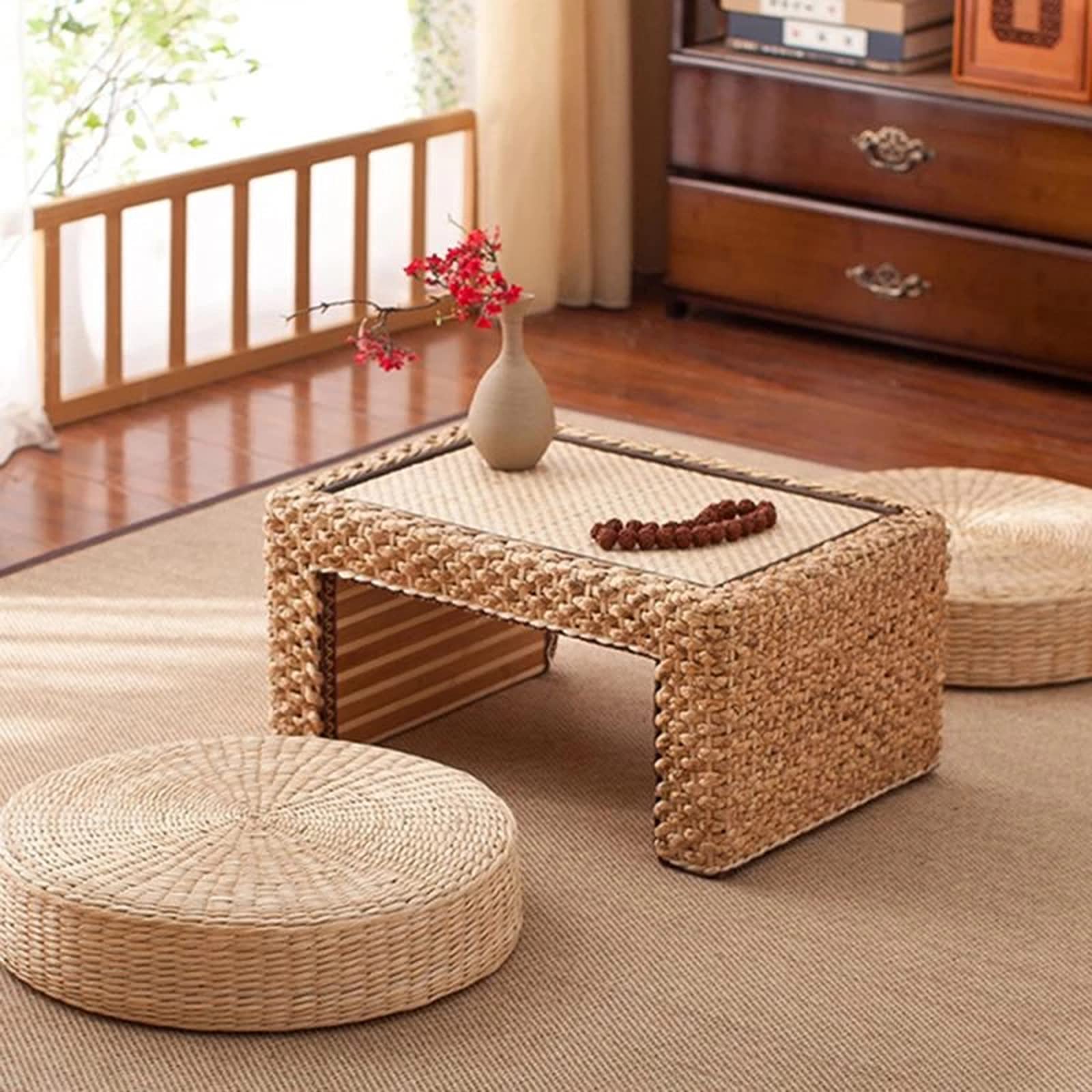 2x Tatamo 40x40cm, Cuscini Da Pavimento Rotondi, Tappetini per Pavimento in Paglia per Esterni, Tappetino Tatami Giapponese, Tatami Pouf Mat per Sedie, Pavimenti, Sedie Pranzo, Divano
