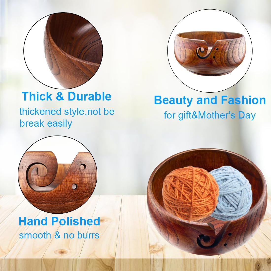 Wooden Yarn Bowl with Holes Holder 7.08''×3''Rosewood Handmade Craft Knitting Bowl Storage Knitting and Crocheting Accessories Kit Organizer,Perfect for Mother's Day and Christmas Gift