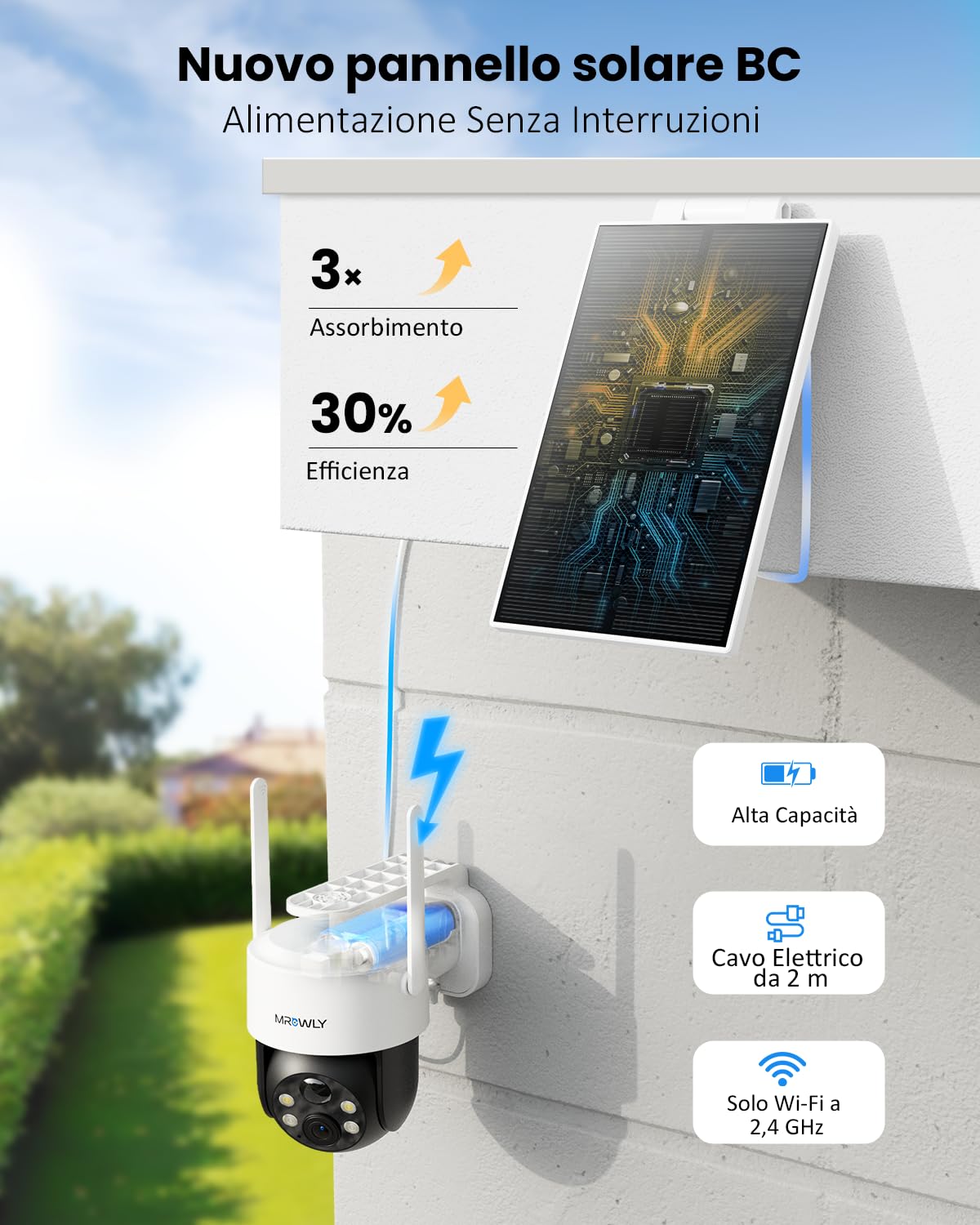 Telecamera WiFi Esterno 2K/3MP con Pannello Solare 2 in 1 | Senza Fili con Batteria, 360° PTZ, Visione Notturna a Colori, PIR, Audio Bidirezionale, Senza Abbonamento