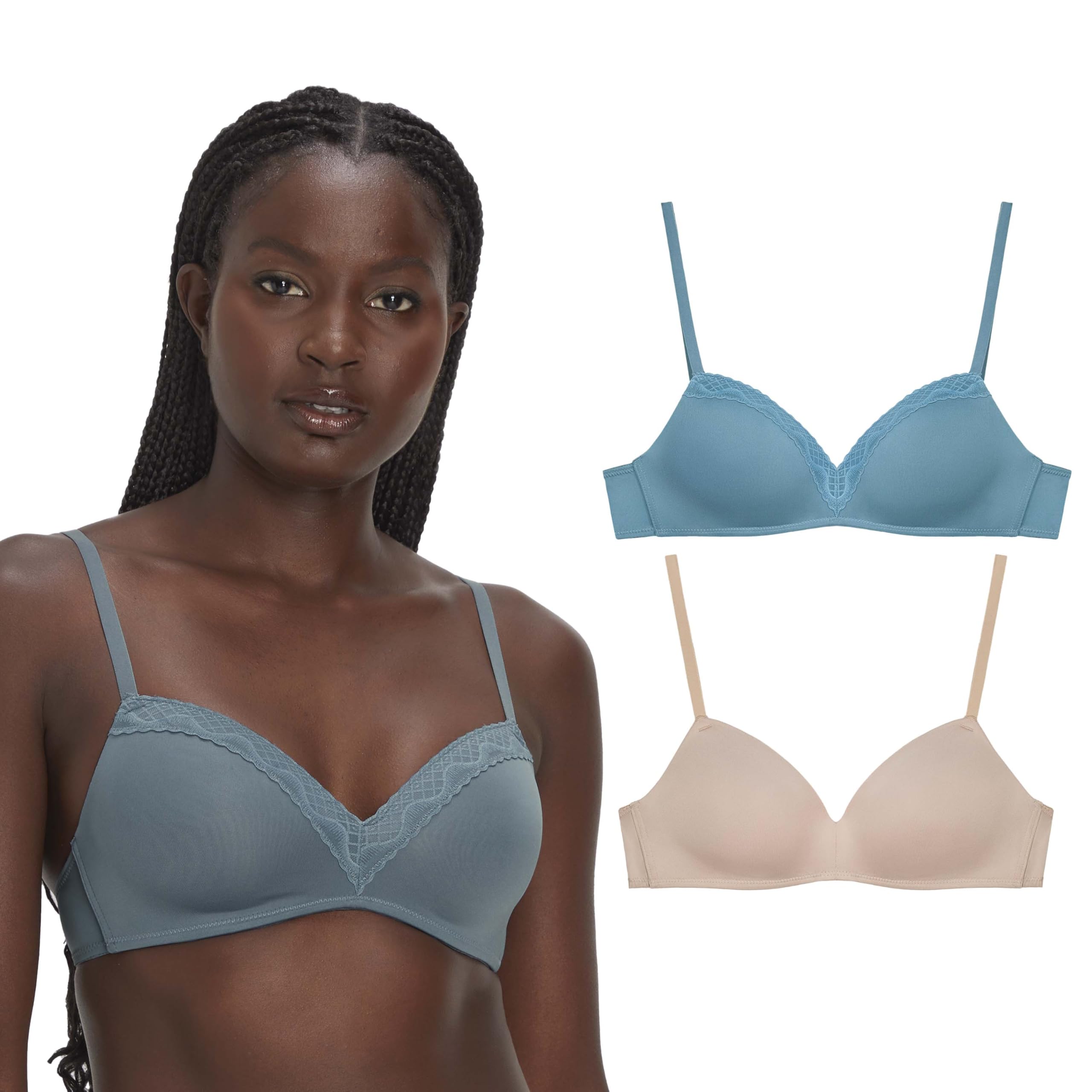 Maidenform, Modern Demi Wireless T-Shirt, Convertible Bra for Women, 2-Pack, Evening Blush/Blue Dive, 38B