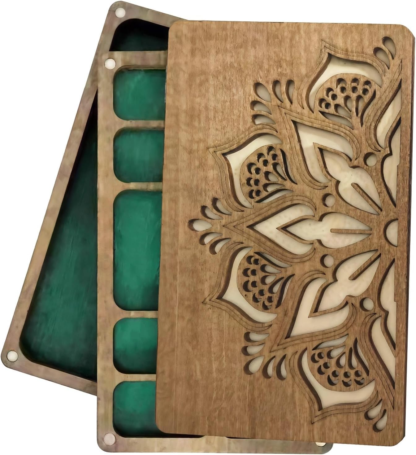 Wood Bead Storage Organizer, 7X4X1 In Tray With Attachment Lid, Multi-Size Compartments, Mandala Carving