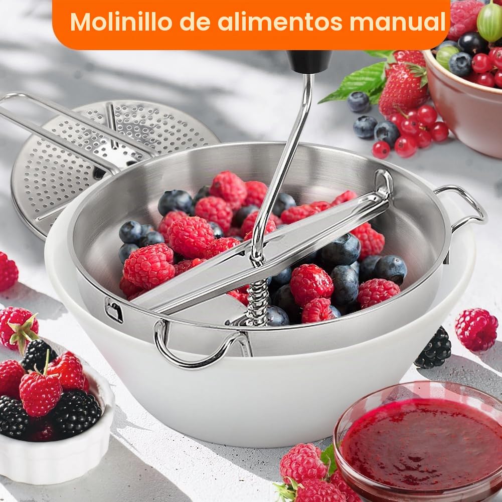 Molinillo de alimentos de acero inoxidable, prensa de patatas con 3 placas de trituración intercambiables, trituradora manual de alimentos, molinillo de cocina para macerar, tamizar frutas